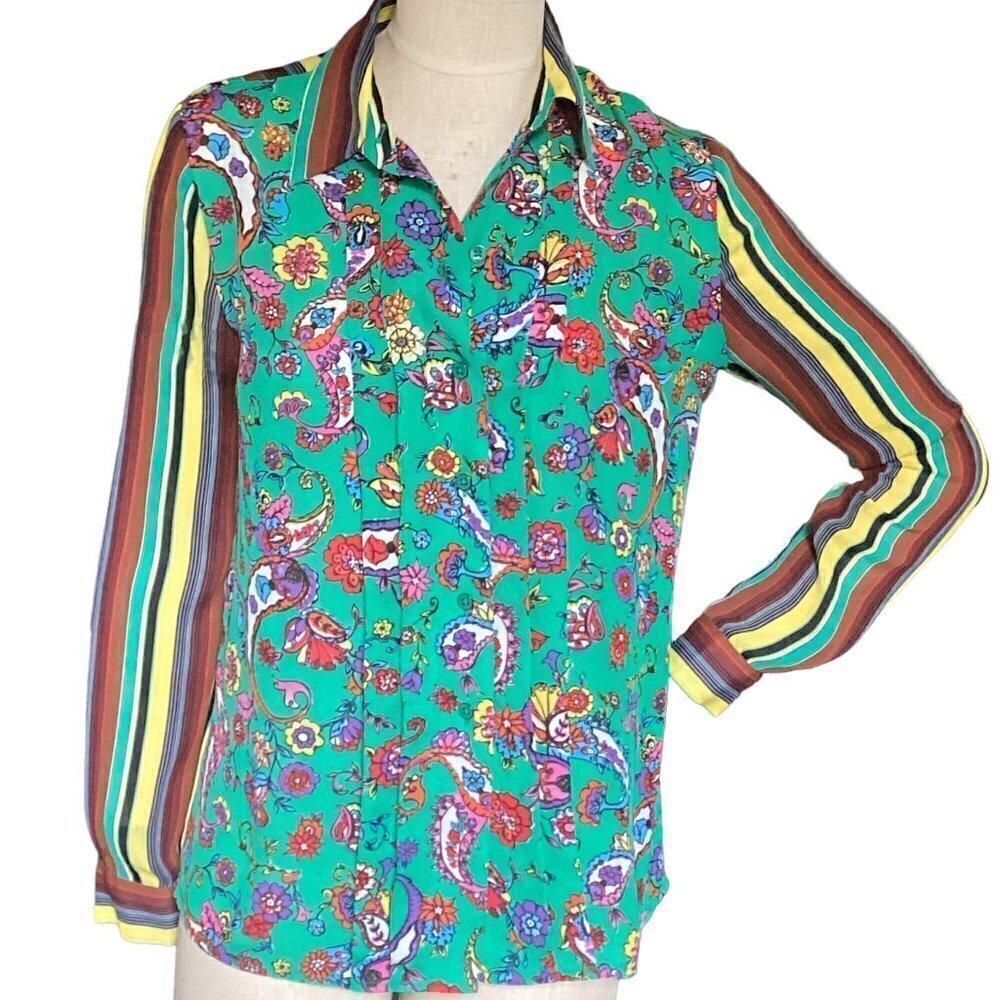 DURO‎ OLOWU Mixed Floral & Striped Pleated Button Down Shirt S #164C